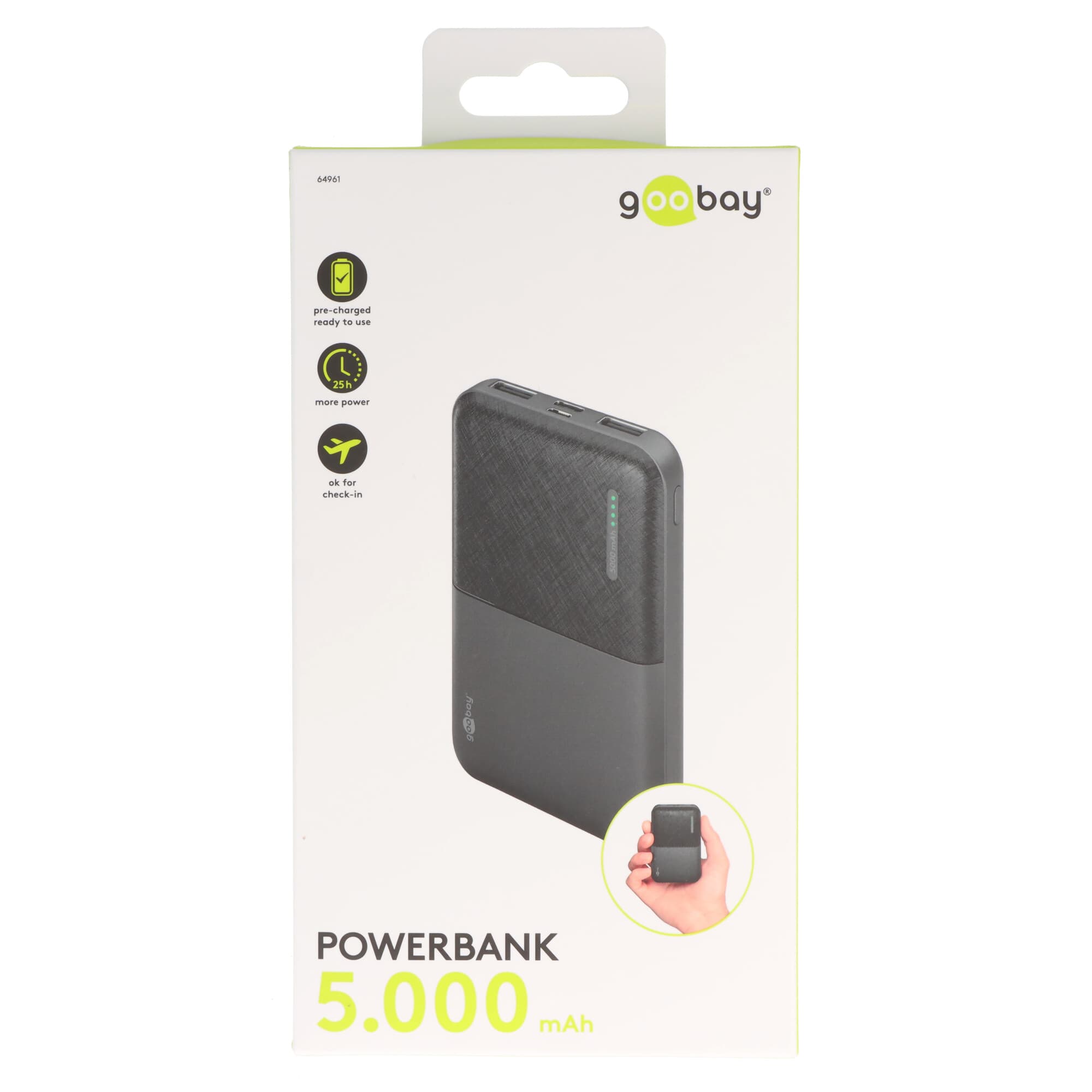 Powerbank Compact 5 000 mAh, ultra-compacte et légère, surface antidérapante, câble de charge inclus