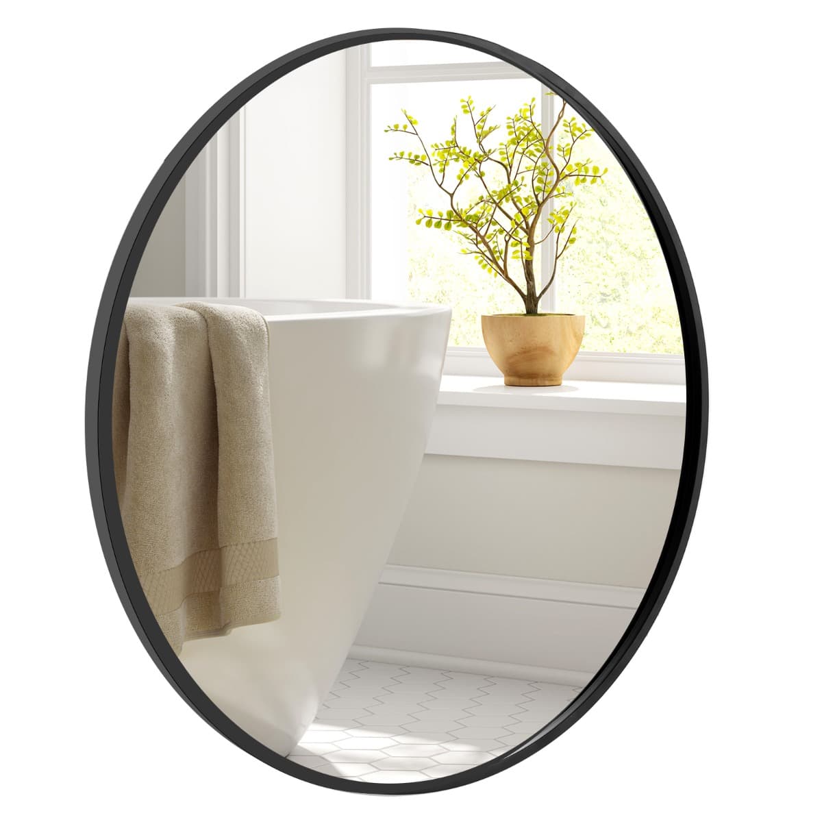 CostwayMiroir Rond Noir 61 cm Miroir Mural avec Cadre en Métal Mat Brossé Antirouille pour Décoration Minimaliste Moderne