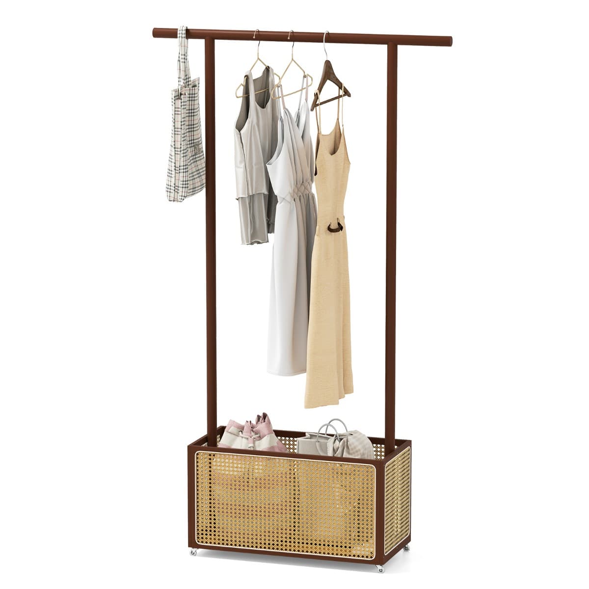 CostwayPorte-Vêtements en Bambou Porte-Manteau avec Panier de Rangement en Rotin PE et Roues Portant à Vêtements Roulant Rail de Suspension Marron